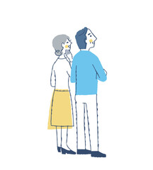 上の方を見て喜んでいる後ろ姿のシニアカップル