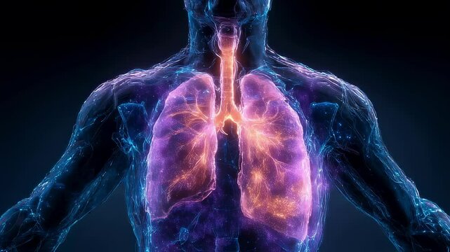 Glowing human lungs gradually deflating within transparent chest cavity, revealing intricate respiratory system dynamics and potential health challenges