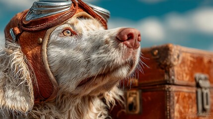 Dog wearing aviator goggles, gazing skyward, vintage suitcase backdrop