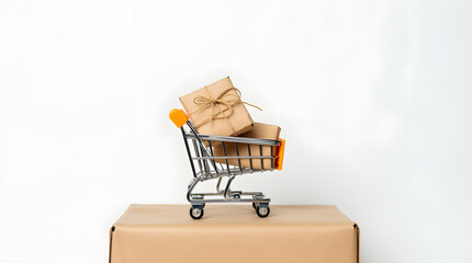 Mini shopping cart with parcels on wrapped box, minimal white background