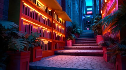 Fototapeta premium Vibrant and surreal urban alleyway with glowing neon lights and lush foliage