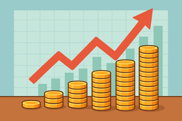 Investment growth concept with rising coin stacks and an upward arrow on a financial graph. Business success metaphor, profit increase, income report, wealth accumulation, savings.