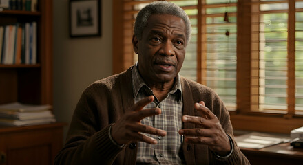 Elderly African American man sharing his life story wisdom experience knowledge interview