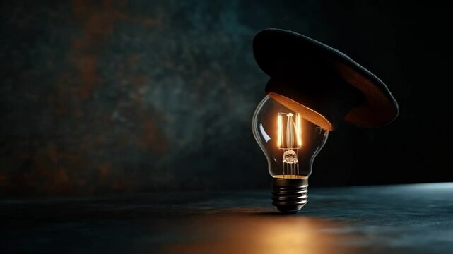 A glowing light bulb with a lit filament, tilted on a dark surface, with a graduation cap on top as a symbol