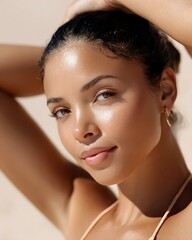 Naklejka premium multi-ethnic sun protection A close-up of a confident woman enjoying a sunny day, showcasing her natural beauty and radiant skin.