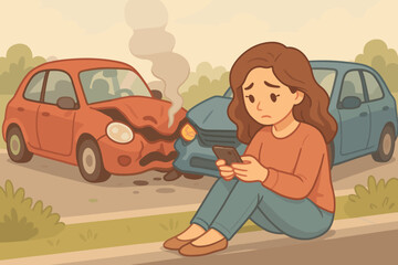 Sad woman driver sitting on the roadside after a car accident. Upset girl using a smartphone to call for help or insurance. Vehicle collision, damage, and emergency concept.