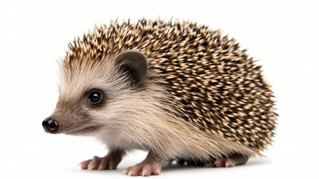 A small hedgehog stands on a white surface, looking curious