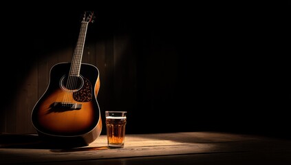 Acoustic guitar and beer on wooden table