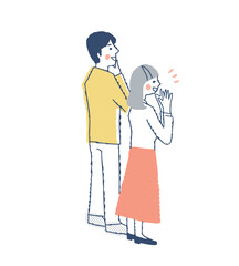右の方を見て喜んでいる後ろ姿のカップル