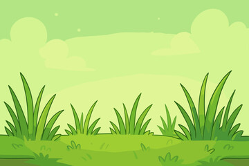 Obraz premium Cartoon green grass landscape background. Vector illustration of a summer meadow with fresh lawn and clouds in the sky. Simple natural scene for kids or eco-friendly concept.