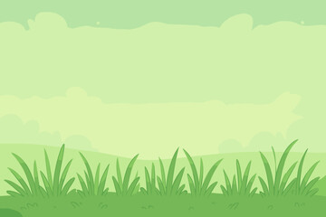 Obraz premium Green nature landscape background. Vector illustration of a cartoon summer field or meadow with fresh grass, rolling hills and clouds in the sky. Simple, cute, eco concept.