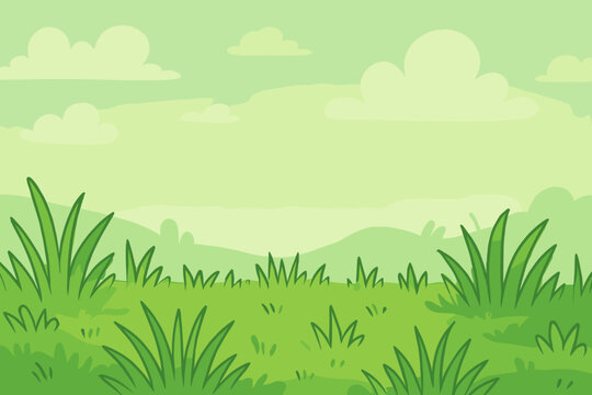 Green cartoon nature background with a grass field, hills, and cloudy sky. Simple hand-drawn vector landscape illustration for kids. Summer or spring scenery for wallpaper.