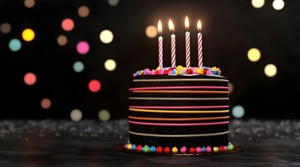 Vibrant Birthday Cake with Candles Surrounded by Colorful Bokeh