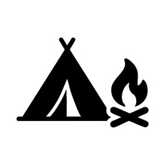 Camping icon with tent and campfire symbol