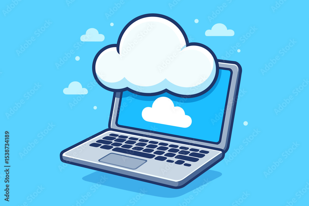 Poster cloud computing technology vector illustration. laptop computer with cloud symbol for online data st