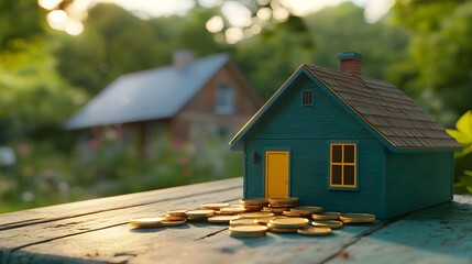 Model House with Coins on Table in a Blurred Background Scene