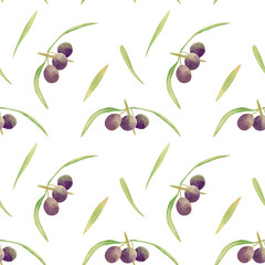 Seamless olives background. Watercolor floral pattern with illustration of green and violet olive fruit and leaves on branch for fabric, home textile, bed linen prints