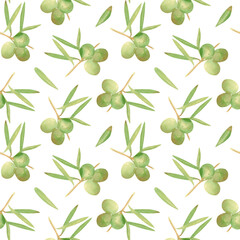 Seamless olives background. Watercolor floral pattern with illustration of green olive fruit and leaves on branch for fabric, home textile, bed linen prints