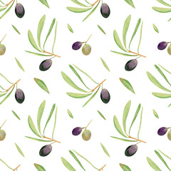 Seamless olives background. Watercolor botanical pattern with hand drawn illustration of green and violet olive fruit and leaves for fabric, wallpapers, home textile