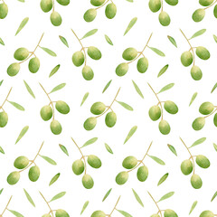 Seamless olives background. Watercolor floral pattern with illustration of green olive fruit and leaves on branch for fabric, home textile, bed linen