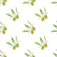 Seamless olives background. Watercolor botanical pattern with hand drawn illustration of green and olive fruits, branch with leaves for fabric, wallpapers