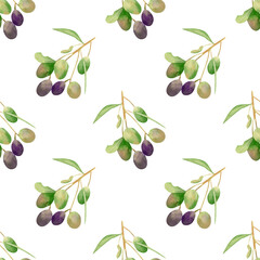 Seamless olives background. Watercolor botanical pattern with hand drawn illustration of green and violet olive fruits, branch with green leaves