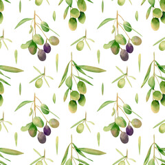 Seamless olives background. Watercolor botanical pattern with hand drawn illustration of green and violet olive fruit and leaves on branches for fabric, wallpapers, home textile