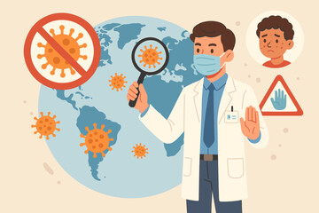 Doctor with magnifying glass studies monkeypox virus. Mpox awareness concept for global pandemic prevention. Stop infectious disease. Public health illustration with patient symptoms.