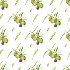 Seamless olives background. Watercolor botanical pattern with hand drawn illustration of green and violet olive fruits, branch with leaves for fabric, wallpapers