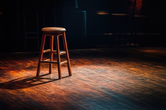 Elegant stage setup with solitary stool under focused lighting, enveloped in darkness, ideal for comedy shows, monologues or live music promos