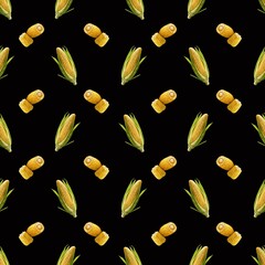 Corn pattern design featuring yellow corn cobs on a black background for textile or wallpaper use