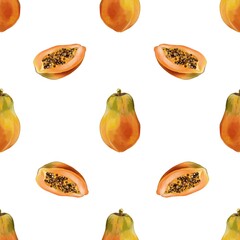 Colorful papaya pattern featuring whole and sliced fruit on a white background ideal for design applications
