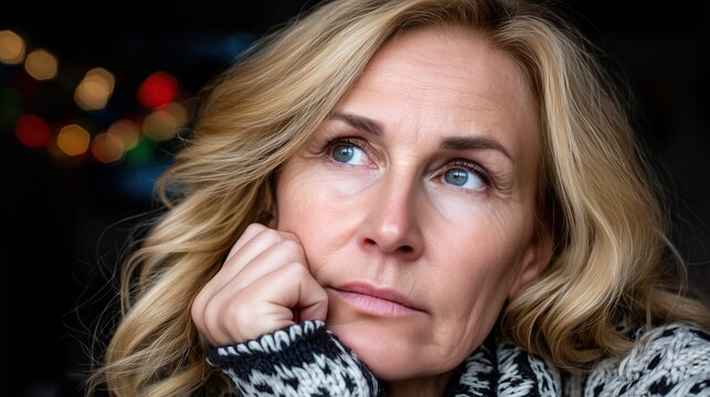Pensive mature woman with blonde hair up thoughtfully resting head on hand