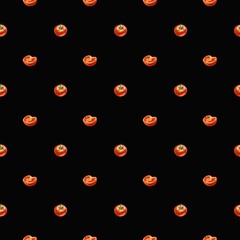 Pattern of ripe tomatoes against a solid black background showcasing vibrant color and design details