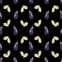 Colorful eggplant pattern on a black background showcasing vibrant vegetable design for textile or wallpaper use