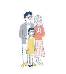 右側の方を見ている笑顔の3人家族