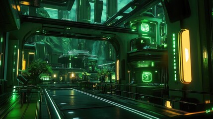 Futuristic Sci-Fi Interior with Neon Green Lights and Advanced Technology for Virtual Environments and Gaming Designs