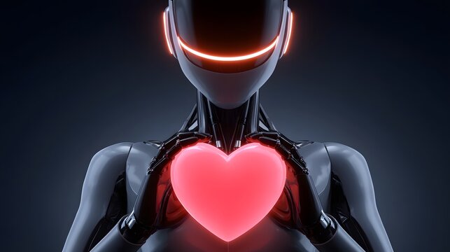 Futuristic cyborg holding a glowing heart, tech love concept.