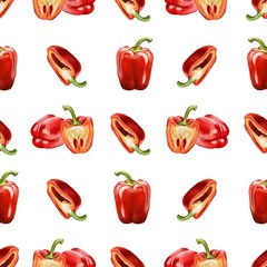 Colorful arrangement of red bell peppers in various slices on a white background showcasing fresh produce