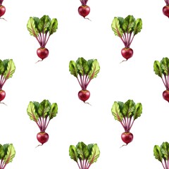 Repeated pattern of vibrant red radishes with green leaves on a white background showcasing agricultural freshness