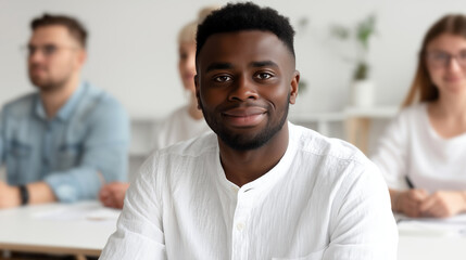 Obraz premium Smiling African American man meeting training session with other people
