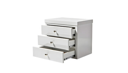 Modern white chest of drawers with three drawers without a background