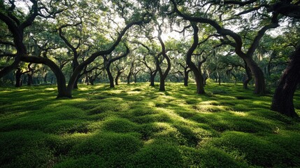 Obraz premium Serene Landscape of Ancient Trees Surrounded by Lush Green Ground Cover in a Tranquil Forest Setting