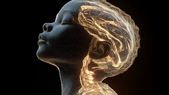 Glowing neural networks illuminating wireframe child's head, visualizing brain activity and medical science concepts related to sunstroke and dehydration impacts on cognitive health