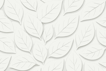 3D white leaves seamless pattern background. Abstract bas-relief paper texture. Embossed foliage with shadow. Elegant minimal nature concept for wallpaper or decorative backdrop.