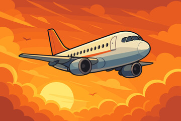 Airplane flight at sunset vector illustration. Passenger jet flying above the clouds in an orange sky. Commercial aviation, air travel, journey and tourism transport concept.