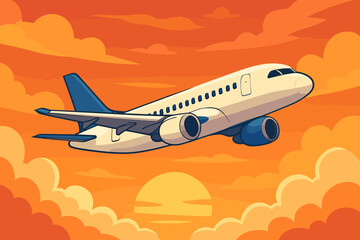 Passenger airplane flying in the orange sunset sky with clouds. Vector illustration of a commercial jet flight. Travel, tourism, and transportation concept. Aviation industry graphic.