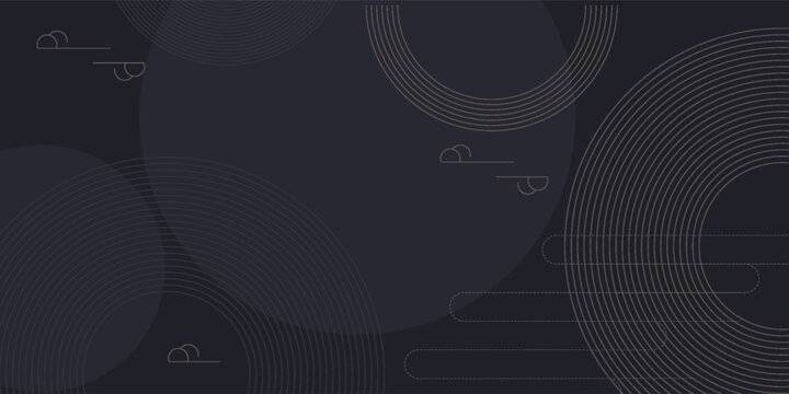 Geometric decorative background in Asian style for web, app, landing. Modern dynamic editable abstract geo different shapes such gold lines, semicircle in random order. Minimalist dark wallpaper.