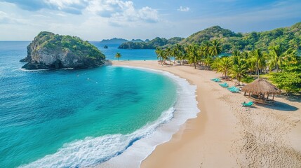 Obraz premium Serene Tropical Beach with Crystal Clear Water, Lush Greenery, and Soft White Sand Under a Sunny Sky