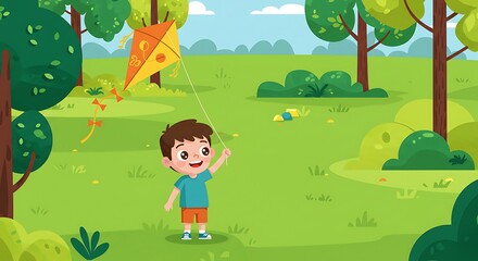 Obraz premium A cheerful illustration of a young boy joyfully flying a vibrant orange kite in a lush green park surrounded by trees and bushes.